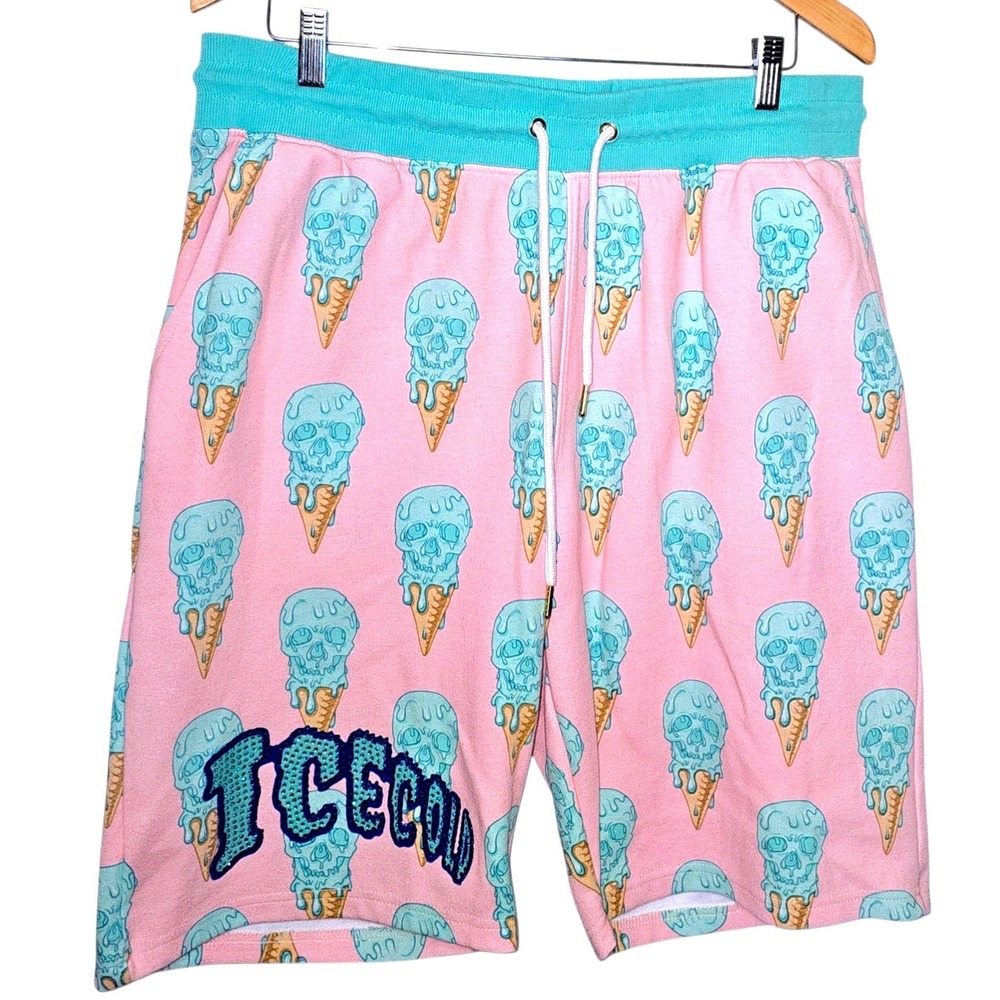 Genuine Authentic Garments Mens 2XL Pink Skull Ice Cream Cone Fleece Shorts Teal